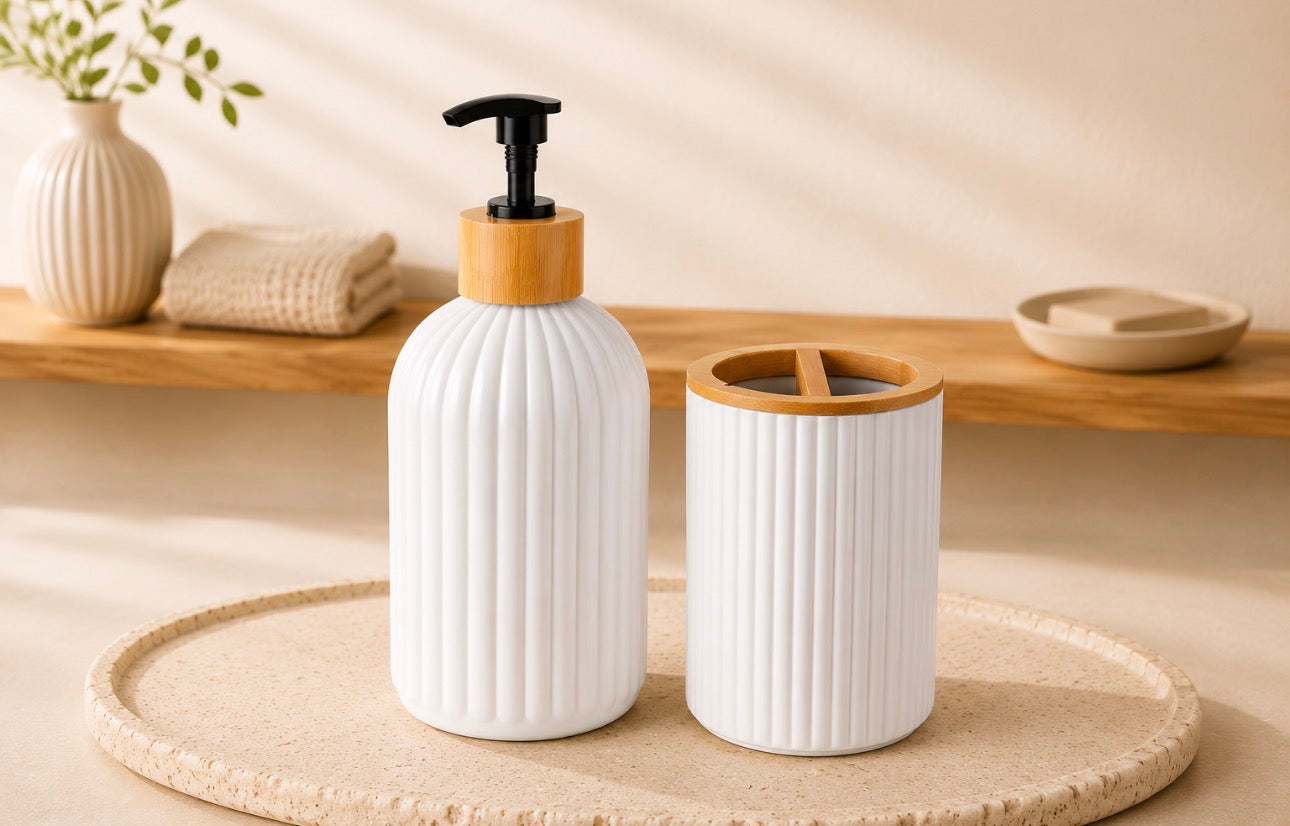 Bamboo Bathroom Accessory Set – Soap Dispenser & Organiser