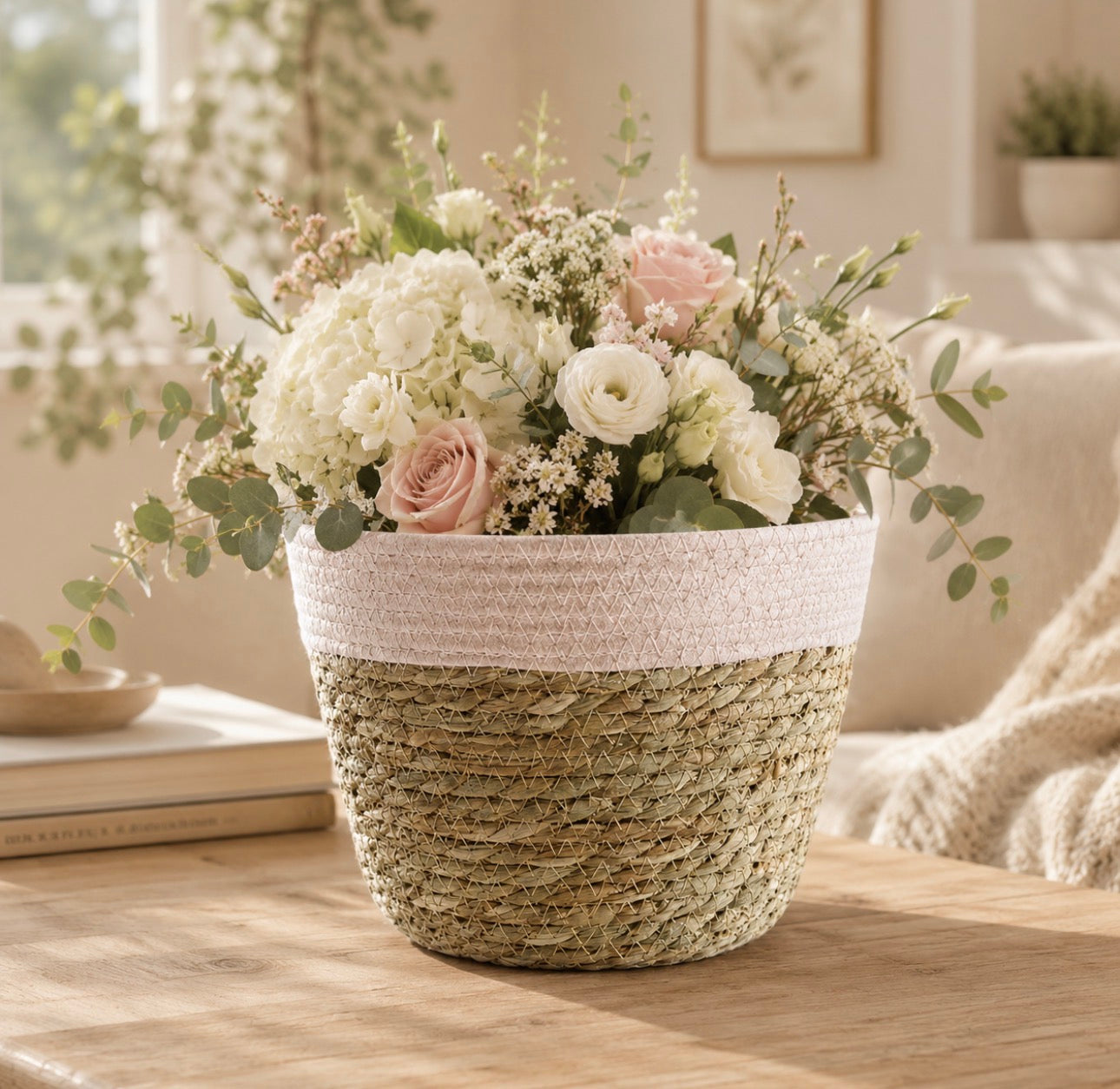 Handmade Woven Storage Basket | Plant Pot Cover & Stylish Home Storage | Pink