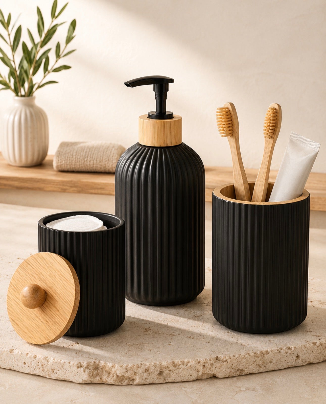 Bamboo Bathroom Accessory Set – Soap Dispenser & Organiser