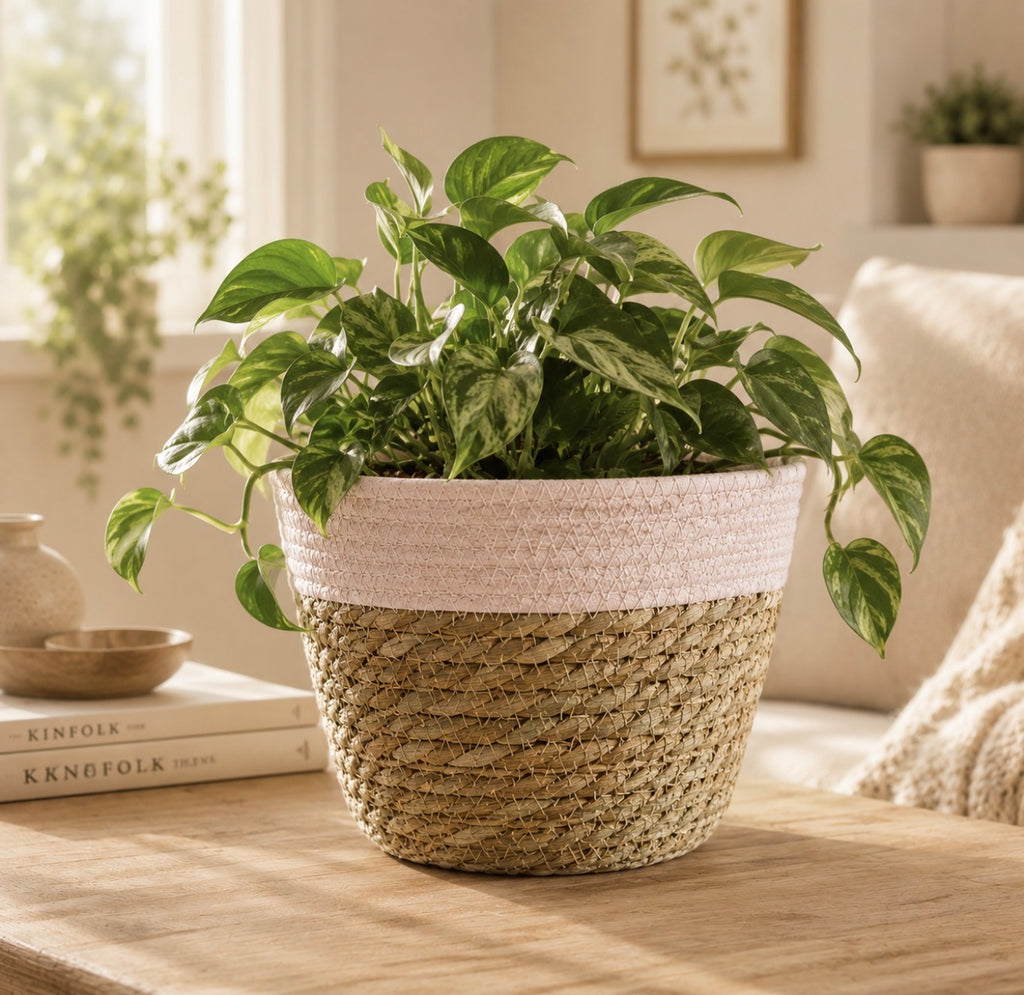 Handmade Woven Storage Basket | Plant Pot Cover & Stylish Home Storage | Pink