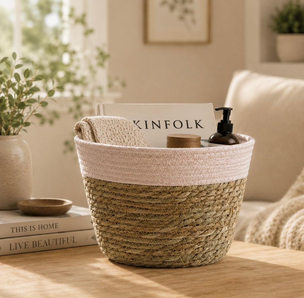 Handmade Woven Storage Basket | Plant Pot Cover & Stylish Home Storage | Pink