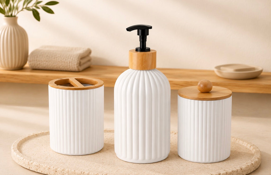 Bamboo Bathroom Accessory Set – Soap Dispenser & Organiser
